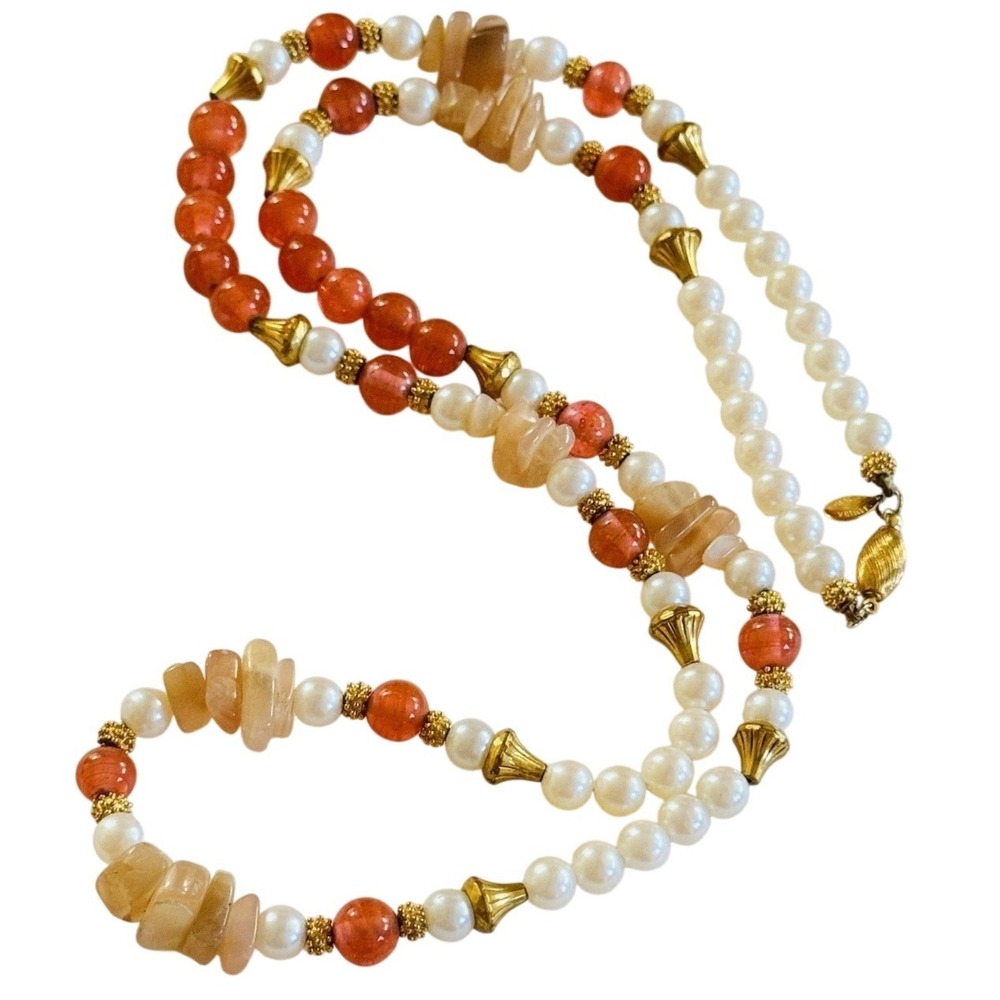 VTG Regal Necklace Sandra David Pink Quartz Pearl Gold Plated Beaded 90s 33"